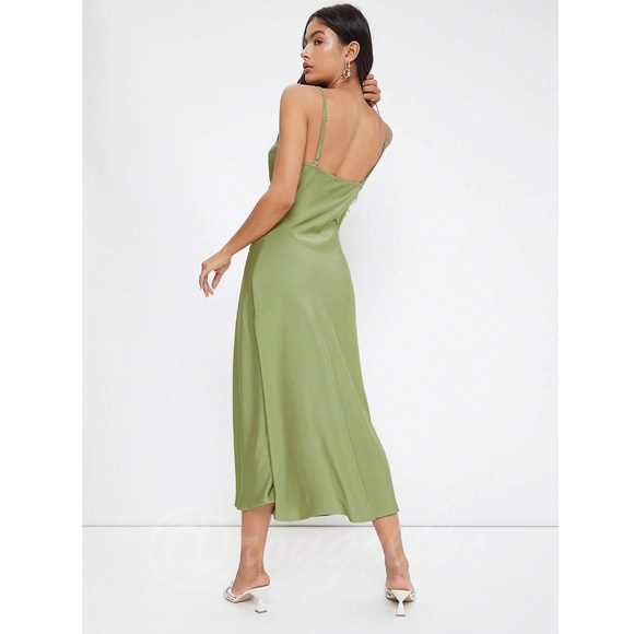 Green Satin Cami Dress Midi Adjustable Spaghetti Straps - Picture 6 of 7